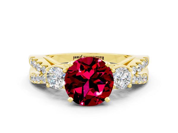 Yellow gold Round Cut Garnet Three-Stone Ring with Pavé Split Shank and Four-Prong Setting