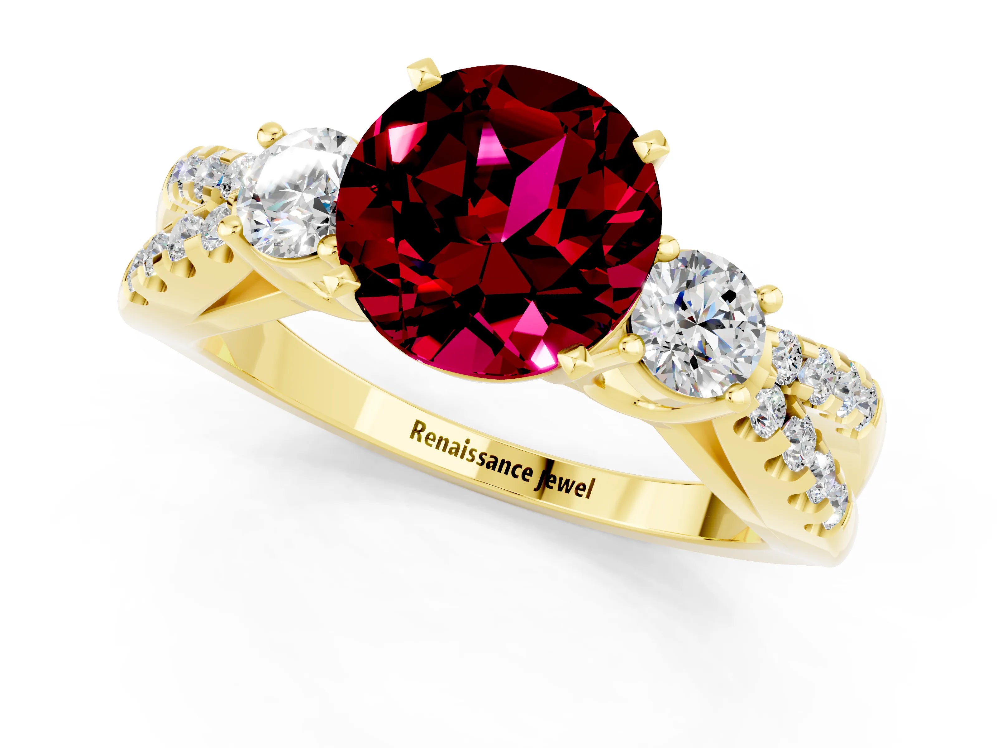 Yellow gold Round Cut Garnet Three-Stone Ring with Pavé Split Shank and Four-Prong Setting_1