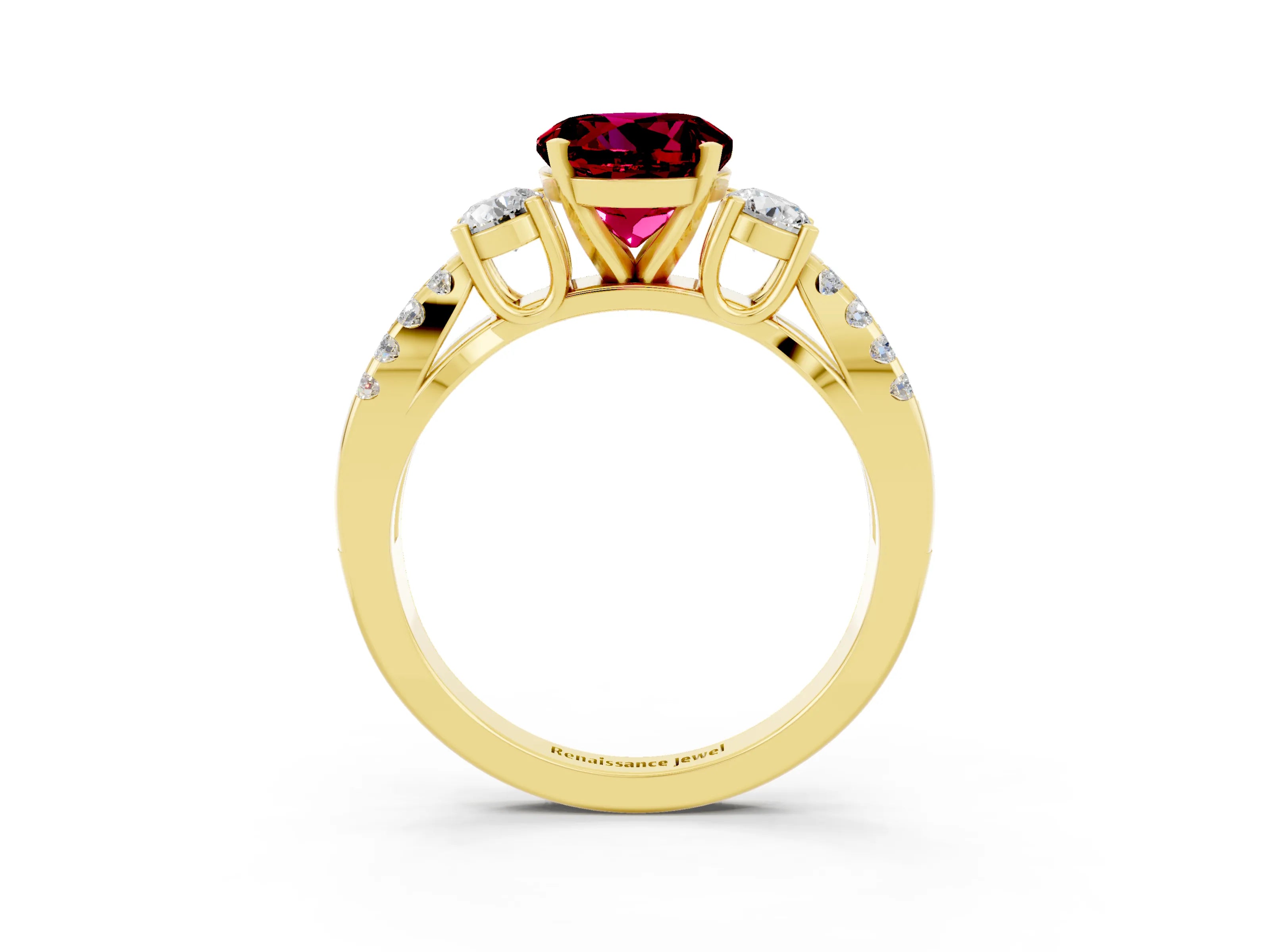 Yellow gold Round Cut Garnet Three-Stone Ring with Pavé Split Shank and Four-Prong Setting_3