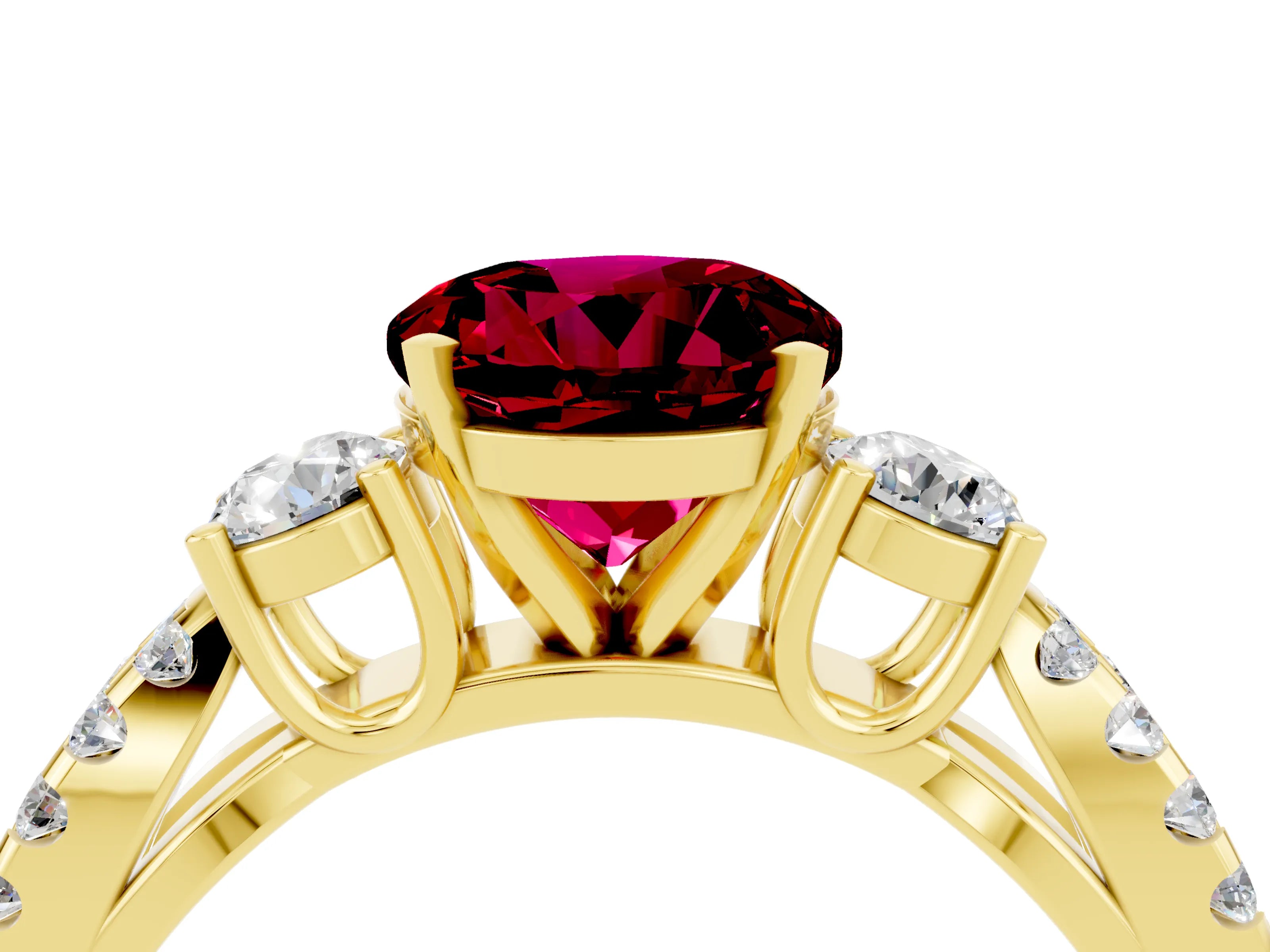 Yellow gold Round Cut Garnet Three-Stone Ring with Pavé Split Shank and Four-Prong Setting_4