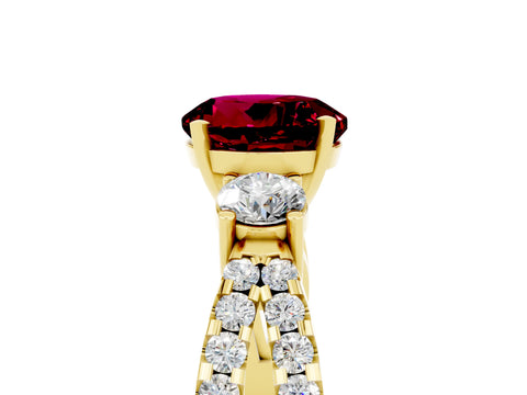 Yellow gold Round Cut Garnet Three-Stone Ring with Pavé Split Shank and Four-Prong Setting_5