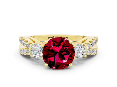 Yellow gold Round Cut Garnet Three-Stone Ring with Pavé Split Shank and Four-Prong Setting