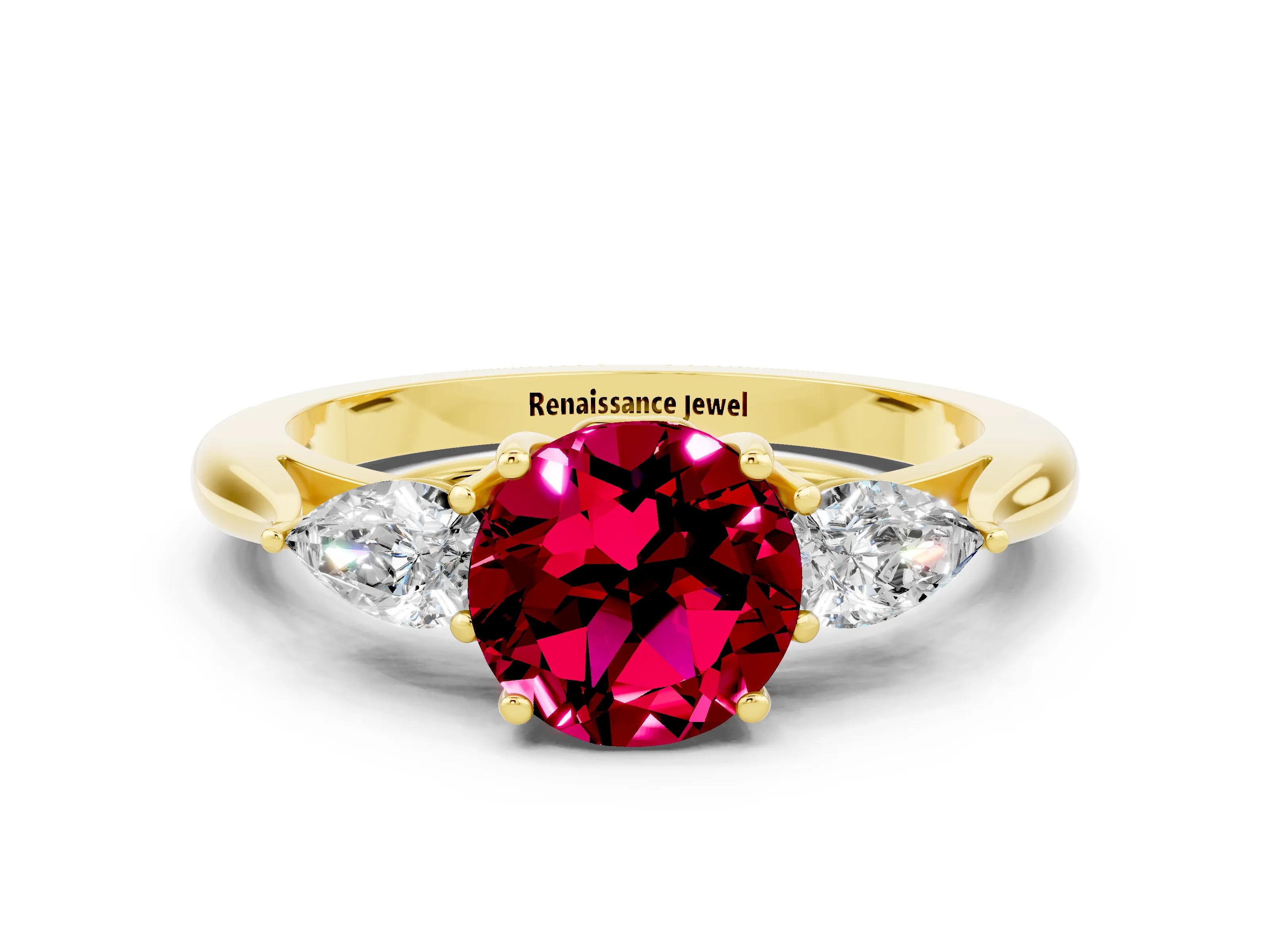 Yellow gold Round Cut Garnet Three-Stone Ring with Pear Side Stones and Four-Prong Setting_12