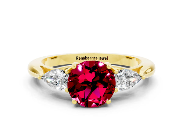 Yellow gold Round Cut Garnet Three-Stone Ring with Pear  Side Stones and Prong Setting