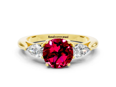 Yellow gold Round Cut Garnet Three-Stone Ring with Pear Side Stones and Four-Prong Setting_12