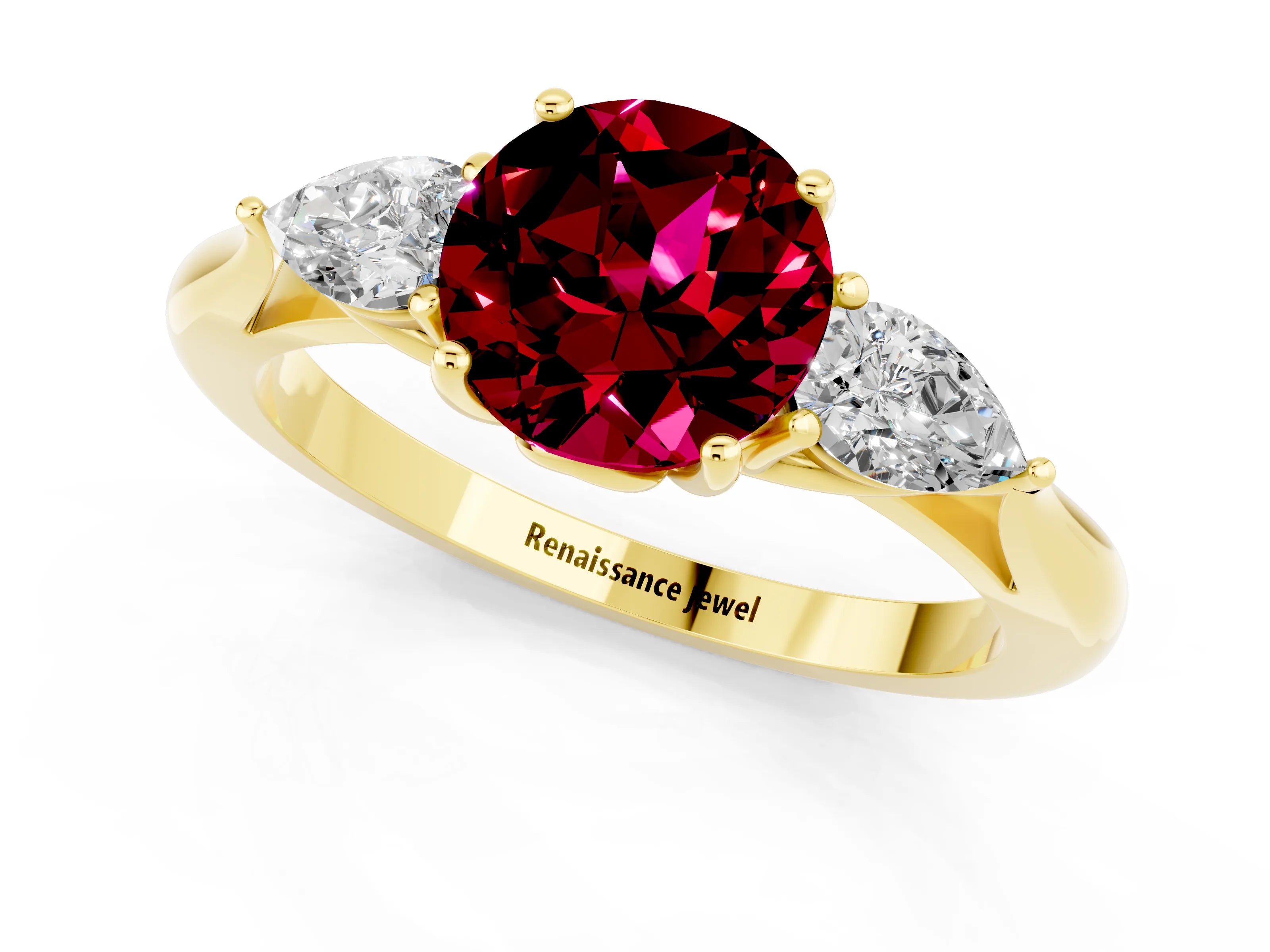 Yellow gold Round Cut Garnet Three-Stone Ring with Pear Side Stones and Four-Prong Setting_13