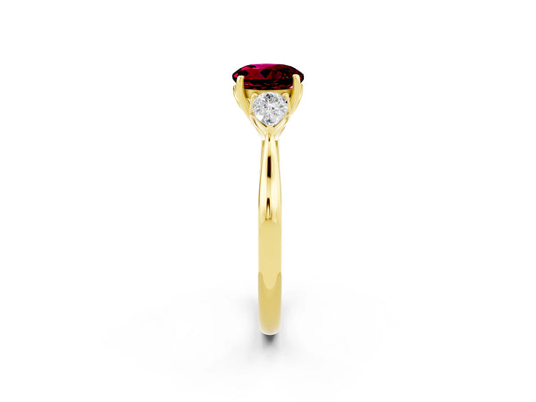 Yellow gold Round Cut Garnet Three-Stone Ring with Pear  Side Stones and Prong Setting