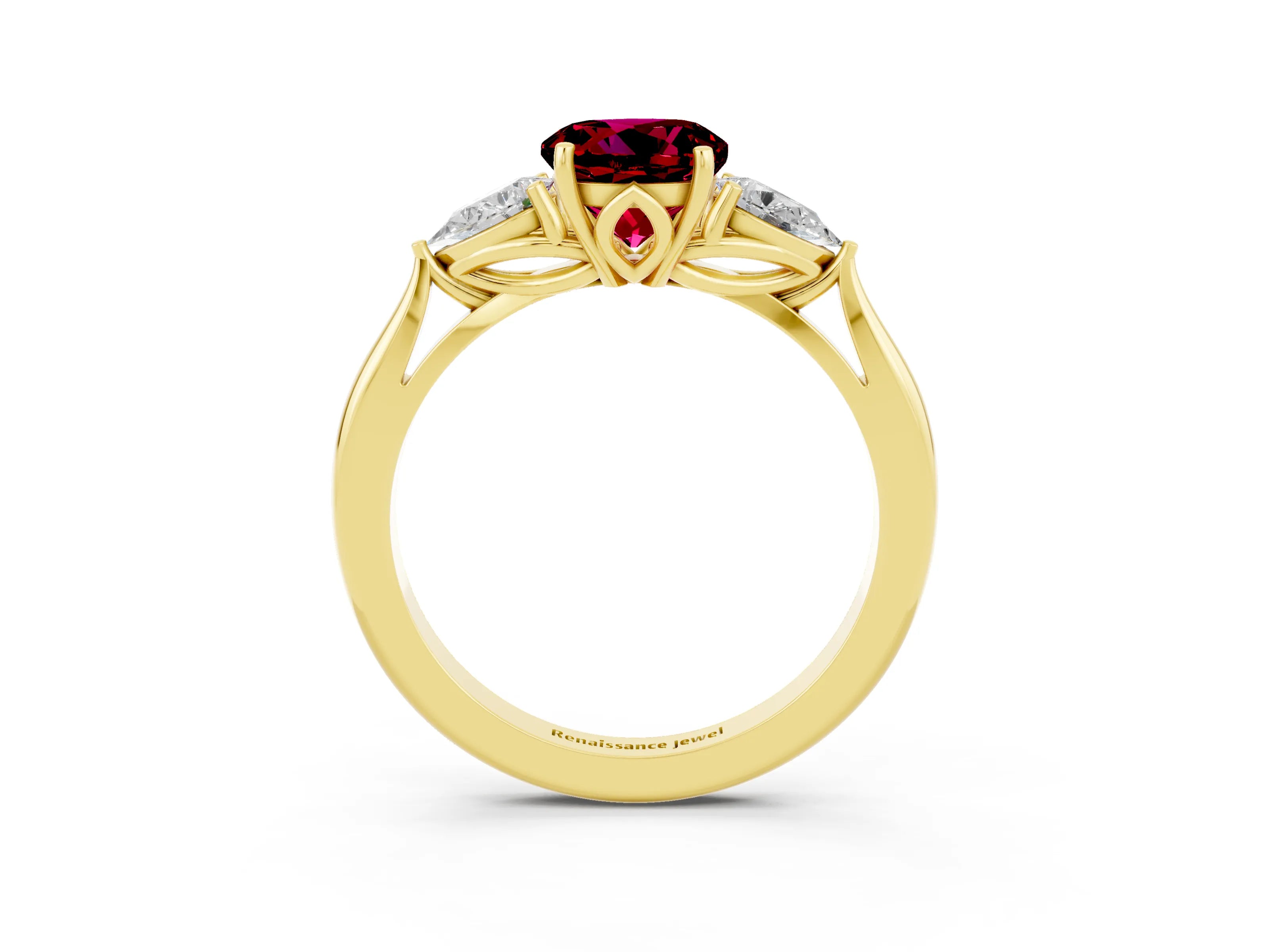 Yellow gold Round Cut Garnet Three-Stone Ring with Pear Side Stones and Four-Prong Setting_15