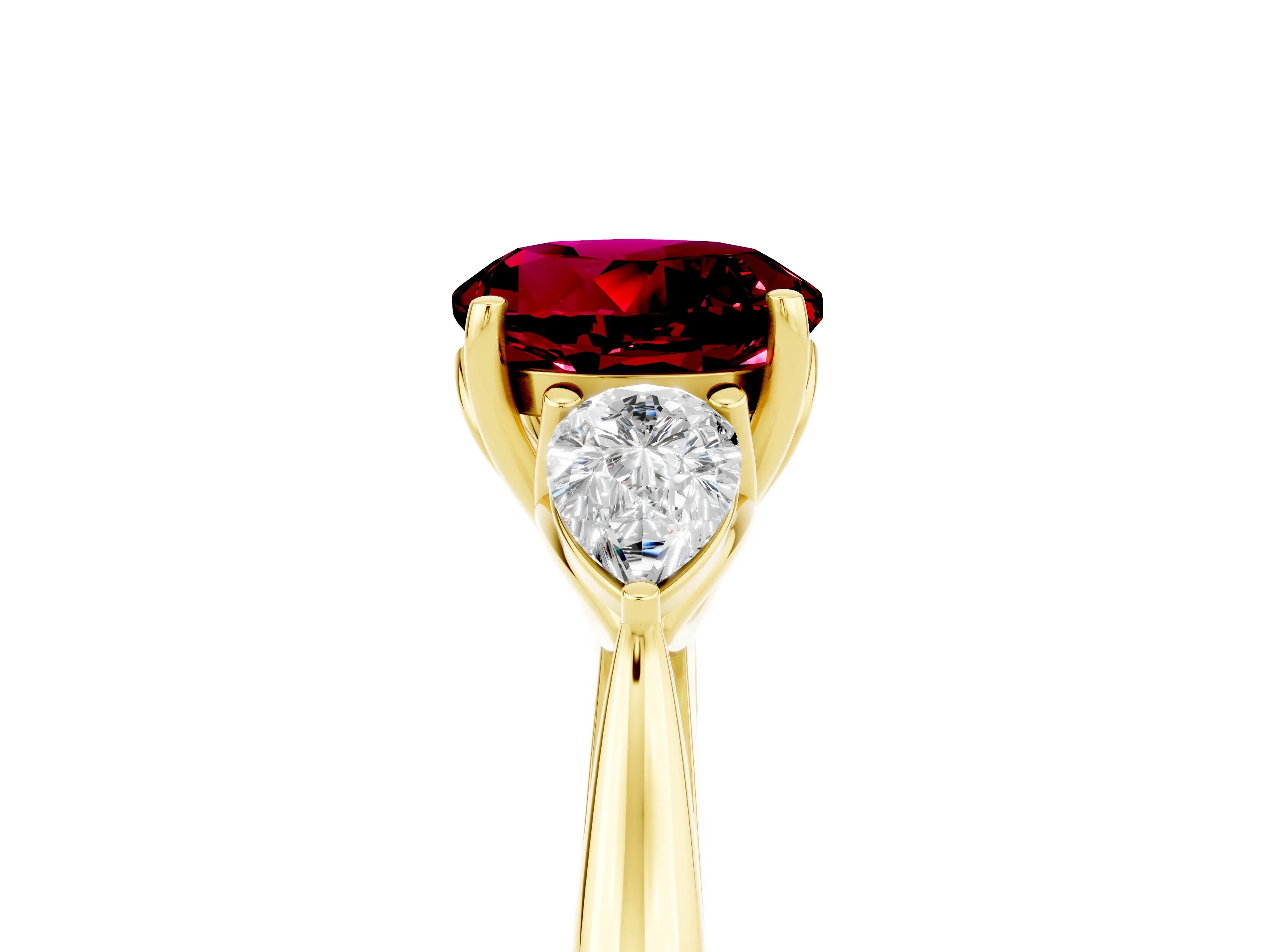 Yellow gold Round Cut Garnet Three-Stone Ring with Pear Side Stones and Four-Prong Setting_17