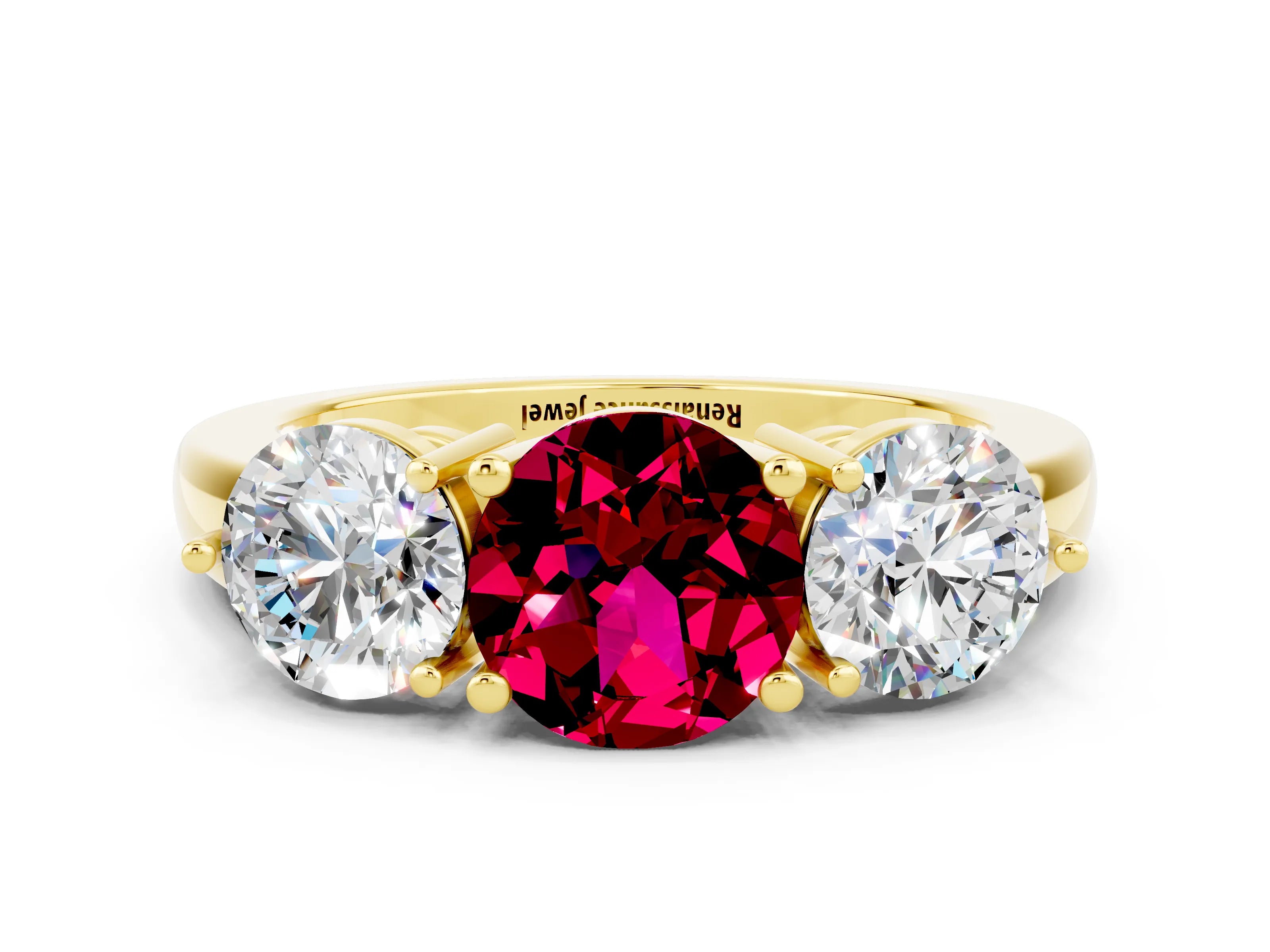 Yellow gold Round Cut Garnet Three-Stone Ring with Prong Setting and Classic Band