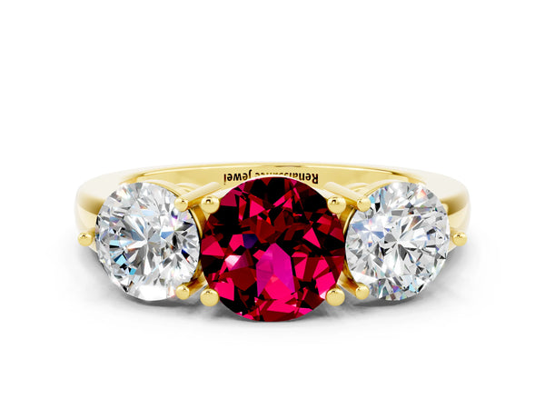 Yellow gold Round Cut Garnet Three-Stone Ring with Prong Setting and Classic Band