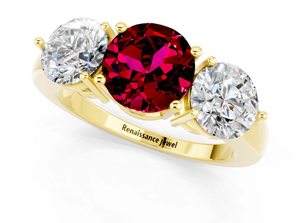 Yellow gold Round Cut Garnet Three-Stone Ring with Prong Setting and Classic Band
