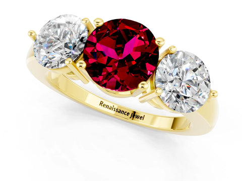 Yellow gold Round Cut Garnet Three-Stone Ring with Prong Setting and Classic Band_1