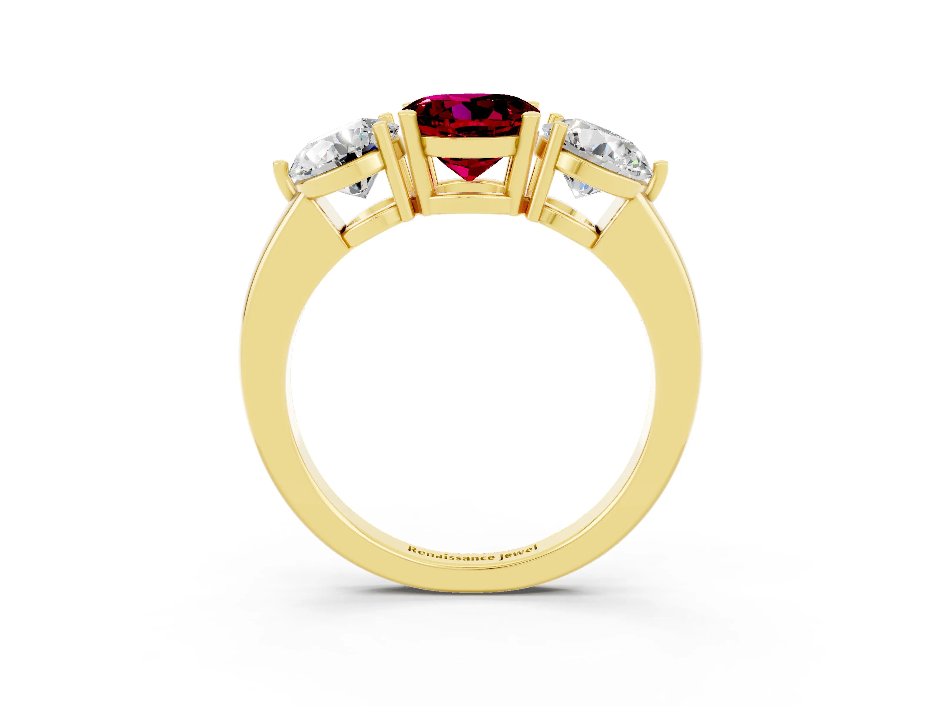 Yellow gold Round Cut Garnet Three-Stone Ring with Prong Setting and Classic Band_3