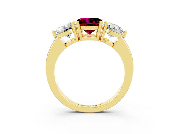 Yellow gold Round Cut Garnet Three-Stone Ring with Prong Setting and Classic Band