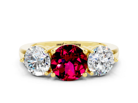 Yellow gold Round Cut Garnet Three-Stone Ring with Prong Setting and Classic Band