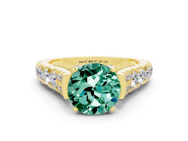 Yellow gold Round Cut Green Sapphire Classic Solitaire Ring with Pavé Band and Four-Prong Setting