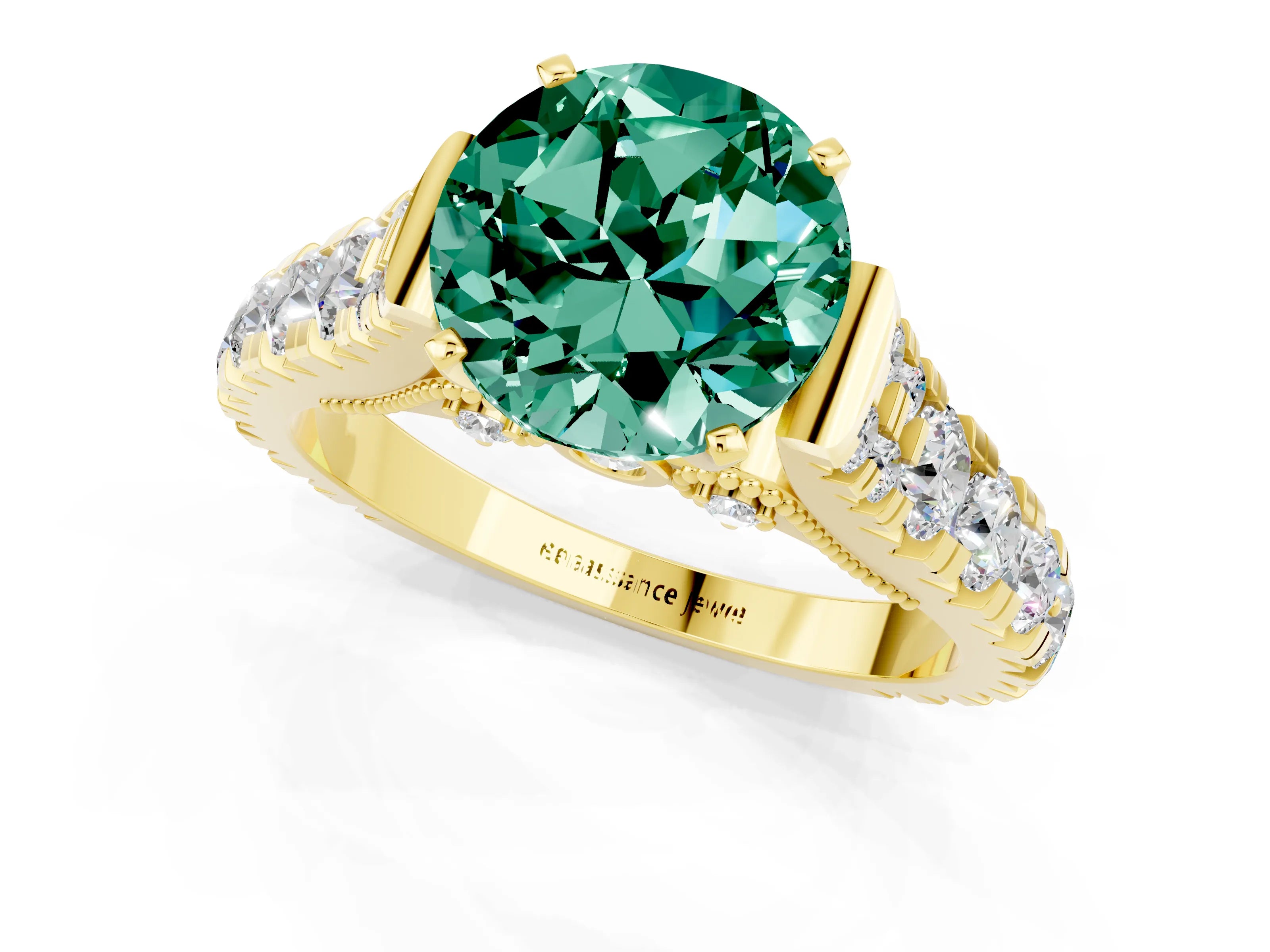 Yellow gold Round Cut Green Sapphire Classic Solitaire Ring with Pavé Band and Four-Prong Setting_1