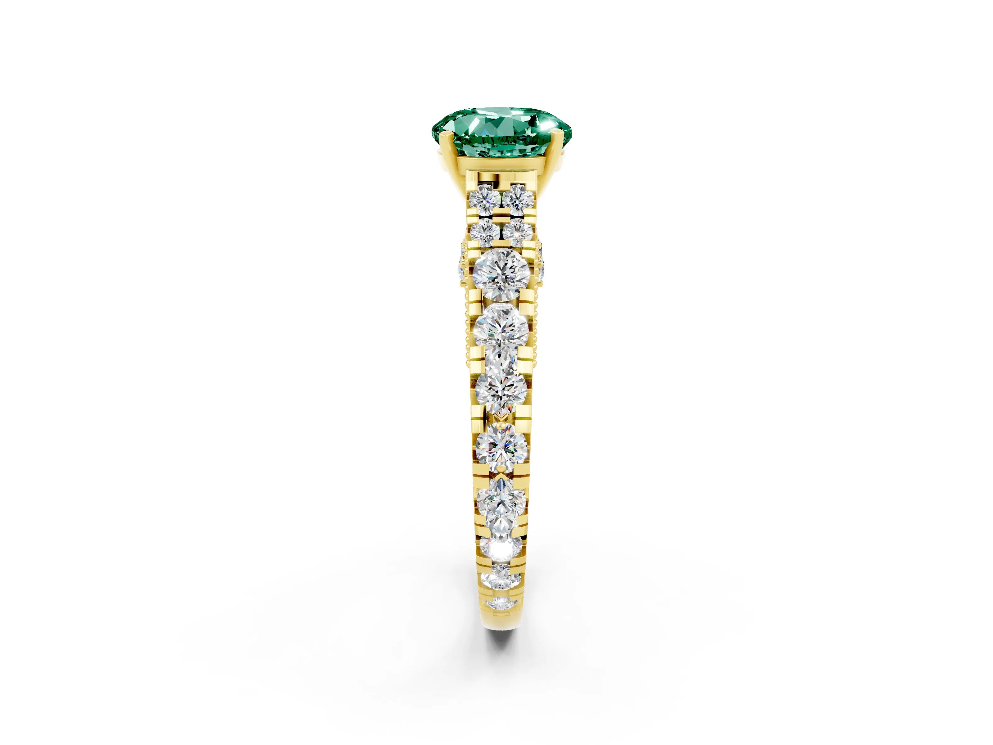 Yellow gold Round Cut Green Sapphire Classic Solitaire Ring with Pavé Band and Four-Prong Setting_2