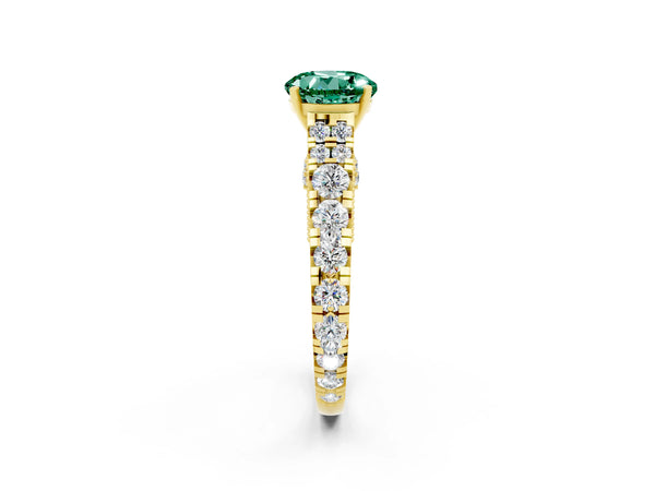 Yellow gold Round Cut Green Sapphire Classic Solitaire Ring with Pavé Band and Four-Prong Setting