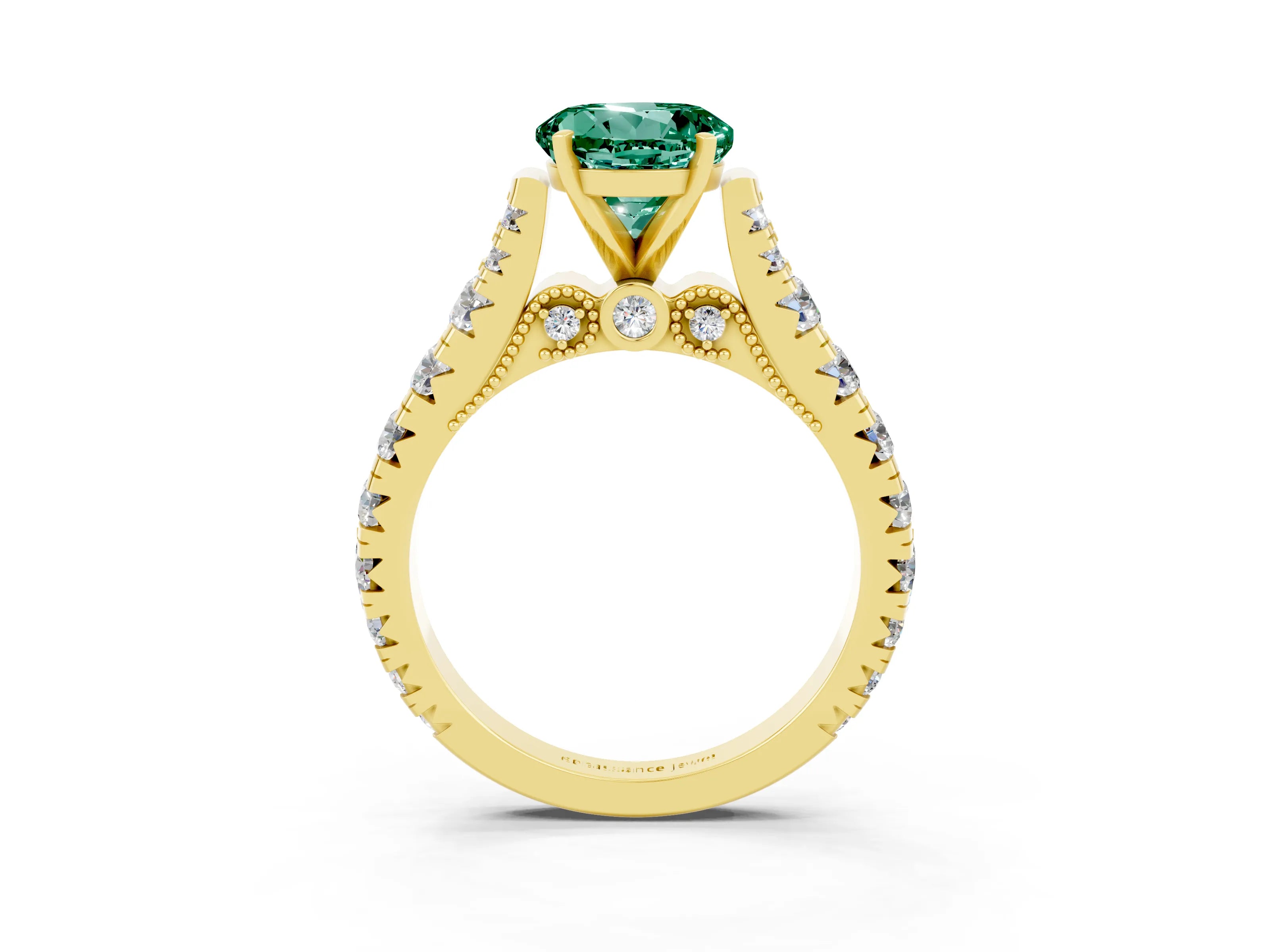 Yellow gold Round Cut Green Sapphire Classic Solitaire Ring with Pavé Band and Four-Prong Setting_3
