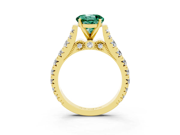 Yellow gold Round Cut Green Sapphire Classic Solitaire Ring with Pavé Band and Four-Prong Setting