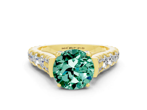 Yellow gold Round Cut Green Sapphire Classic Solitaire Ring with Pavé Band and Four-Prong Setting