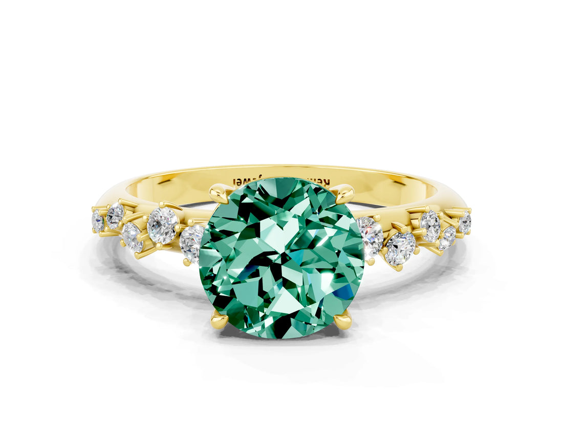Yellow gold Round Cut Green Sapphire Cluster Side Stone Solitaire Ring with Prong Setting_24