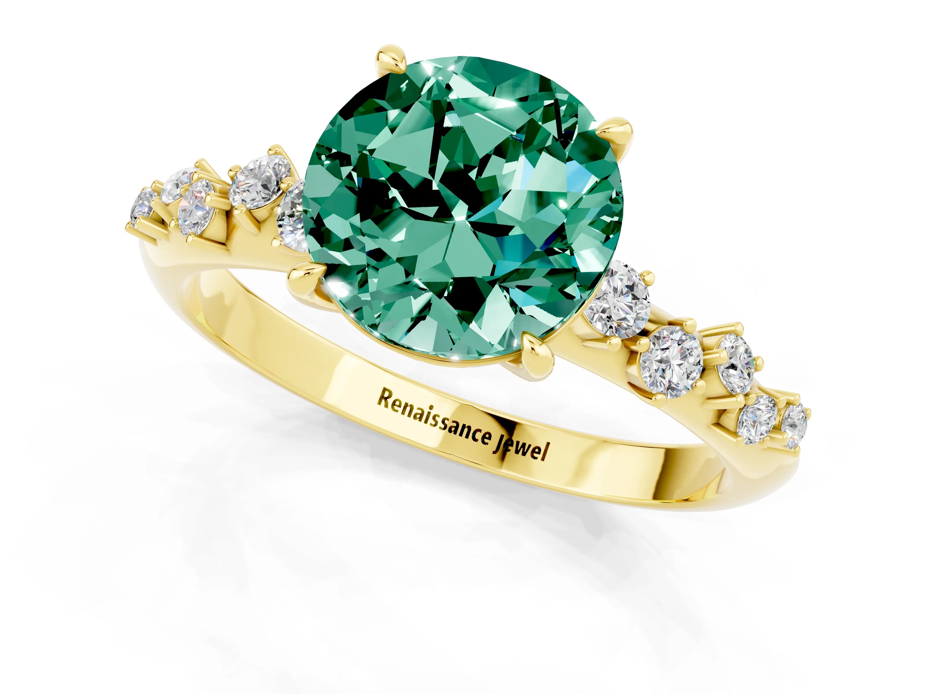 Yellow gold Round Cut Green Sapphire Cluster Side Stone Solitaire Ring with Prong Setting_25