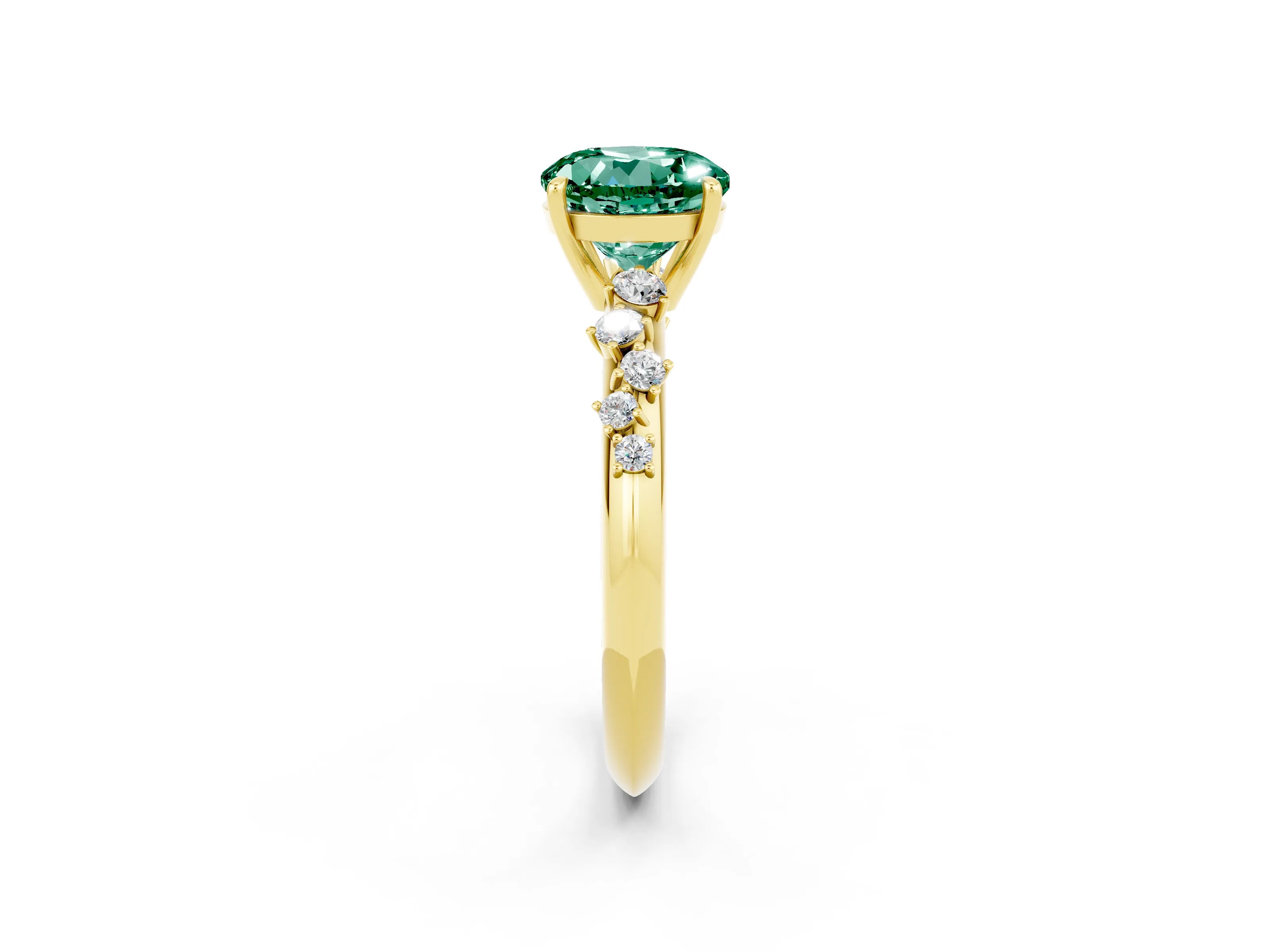 Yellow gold Round Cut Green Sapphire Cluster Side Stone Solitaire Ring with Prong Setting_26