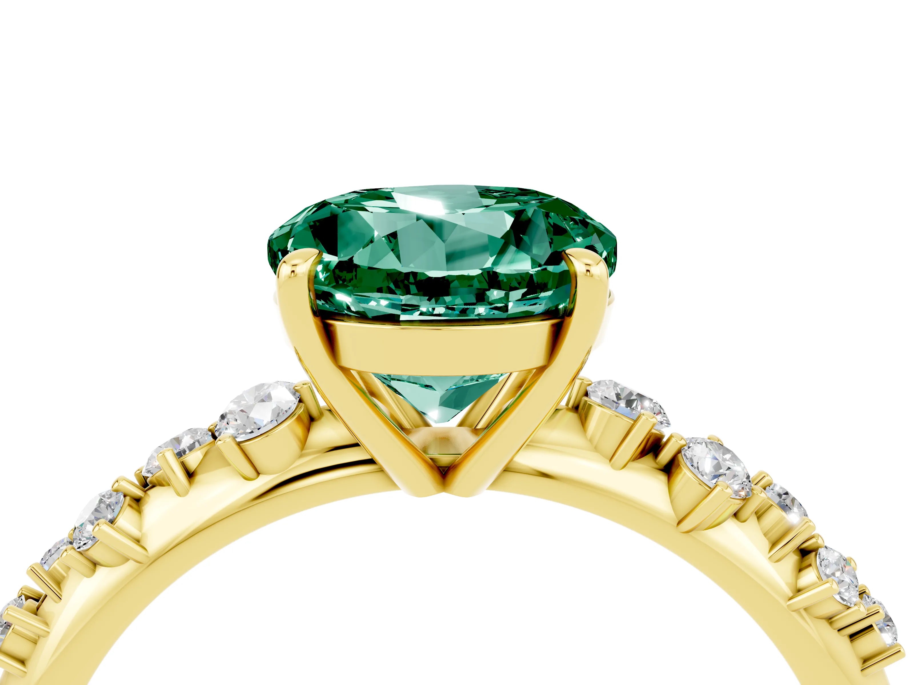 Yellow gold Round Cut Green Sapphire Cluster Side Stone Solitaire Ring with Prong Setting_28