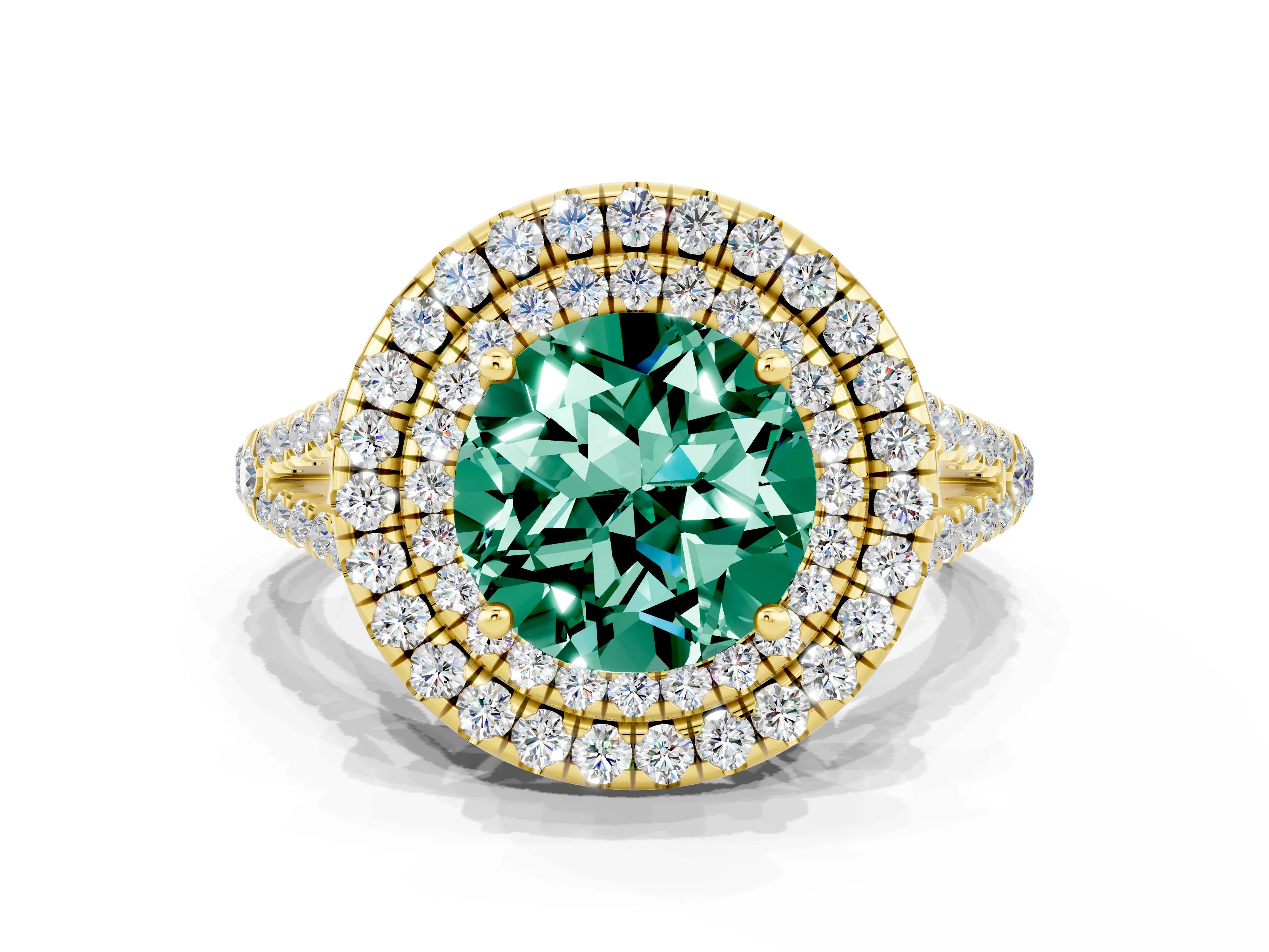 Yellow gold Round Cut Green Sapphire Double Halo Ring with Pavé Band and Prong Setting_12