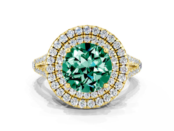 Yellow gold Round Cut Green Sapphire Double Halo Ring with Pavé Band and Prong Setting