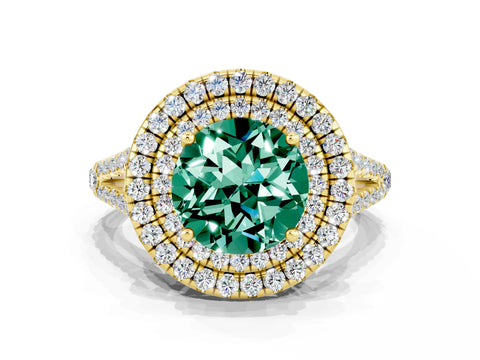 Yellow gold Round Cut Green Sapphire Double Halo Ring with Pavé Band and Prong Setting_12
