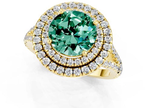Yellow gold Round Cut Green Sapphire Double Halo Ring with Pavé Band and Prong Setting_13