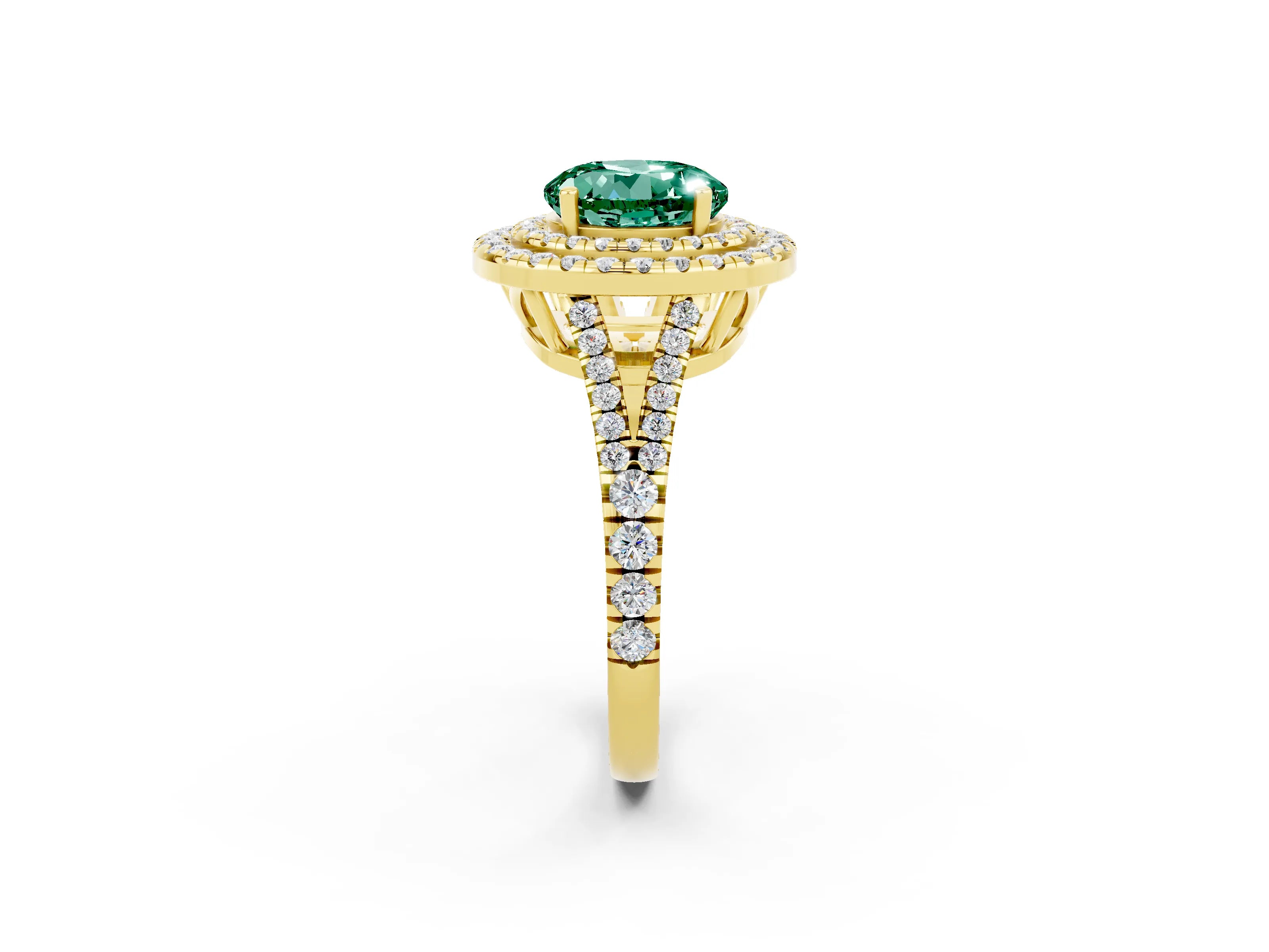 Yellow gold Round Cut Green Sapphire Double Halo Ring with Pavé Band and Prong Setting_14