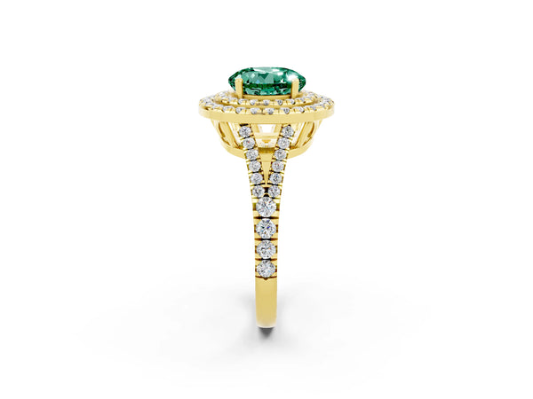 Yellow gold Round Cut Green Sapphire Double Halo Ring with Pavé Band and Prong Setting