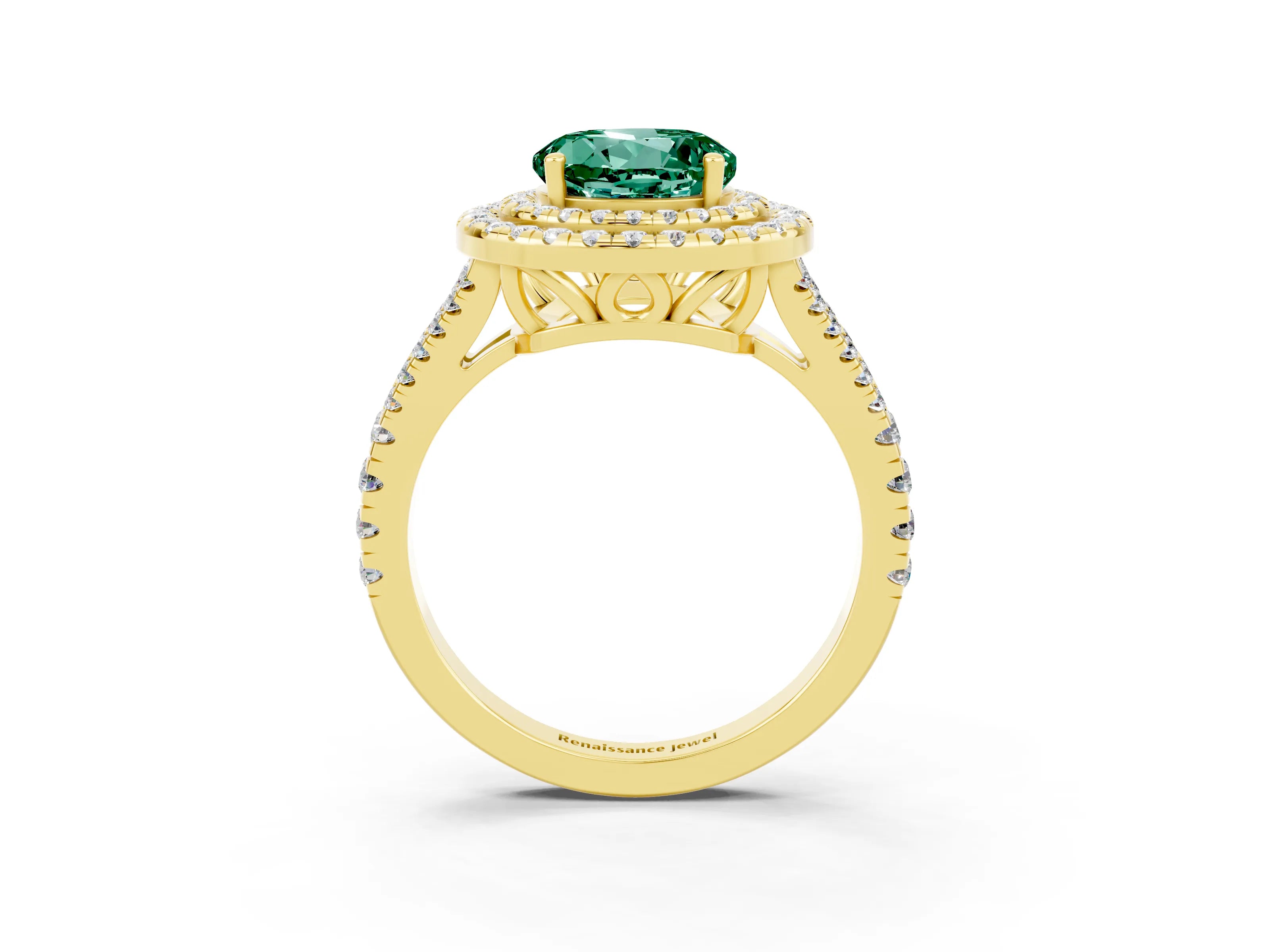 Yellow gold Round Cut Green Sapphire Double Halo Ring with Pavé Band and Prong Setting_15