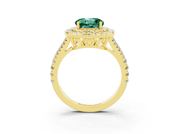 Yellow gold Round Cut Green Sapphire Double Halo Ring with Pavé Band and Prong Setting