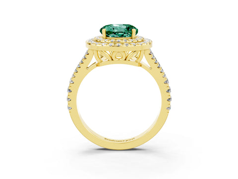 Yellow gold Round Cut Green Sapphire Double Halo Ring with Pavé Band and Prong Setting_15