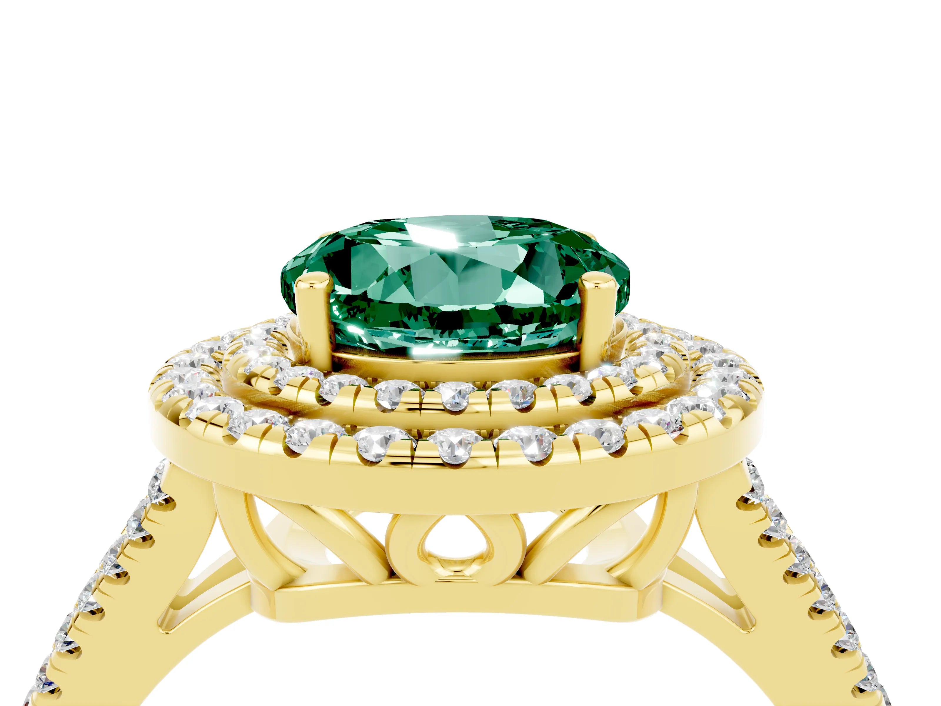 Yellow gold Round Cut Green Sapphire Double Halo Ring with Pavé Band and Prong Setting_16