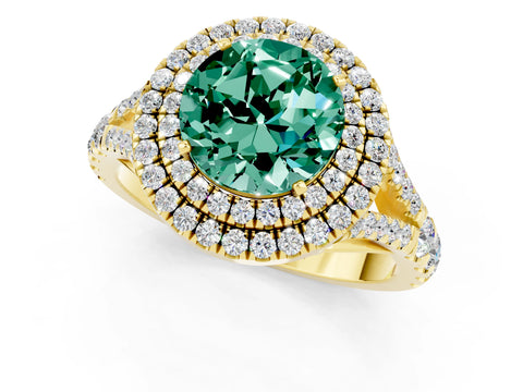 Yellow gold Round Cut Green Sapphire Double Halo Ring with Split Shank and Prong Setting_13