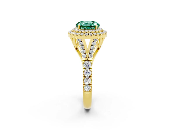 Yellow gold Round Cut Green Sapphire Double Halo Ring with Split Shank and Prong Setting