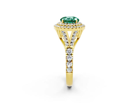 Yellow gold Round Cut Green Sapphire Double Halo Ring with Split Shank and Prong Setting_14