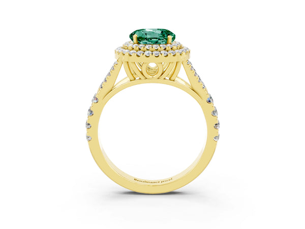 Yellow gold Round Cut Green Sapphire Double Halo Ring with Split Shank and Prong Setting