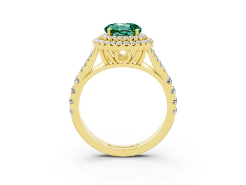 Yellow gold Round Cut Green Sapphire Double Halo Ring with Split Shank and Prong Setting_15