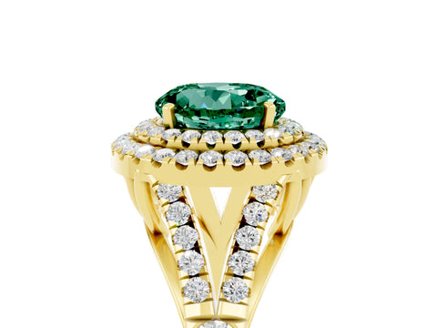 Yellow gold Round Cut Green Sapphire Double Halo Ring with Split Shank and Prong Setting_17