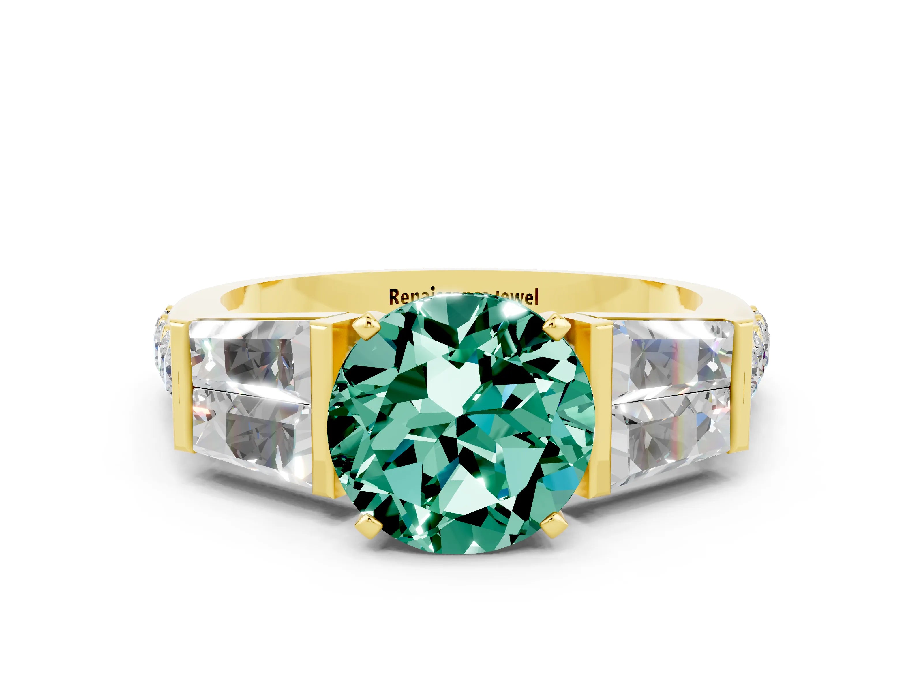 Yellow gold Round Cut Green Sapphire Engagement Ring with Baguette Side Stones and Channel Set Band