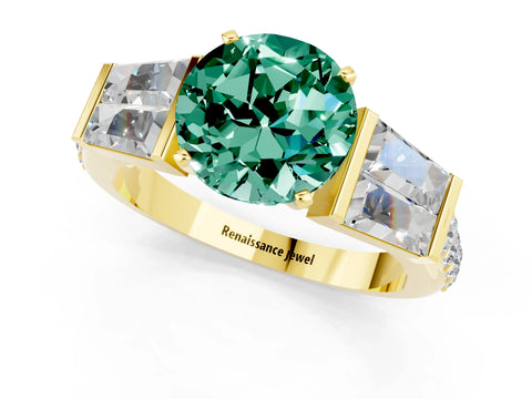 Yellow gold Round Cut Green Sapphire Engagement Ring with Baguette Side Stones and Channel Set Band_1