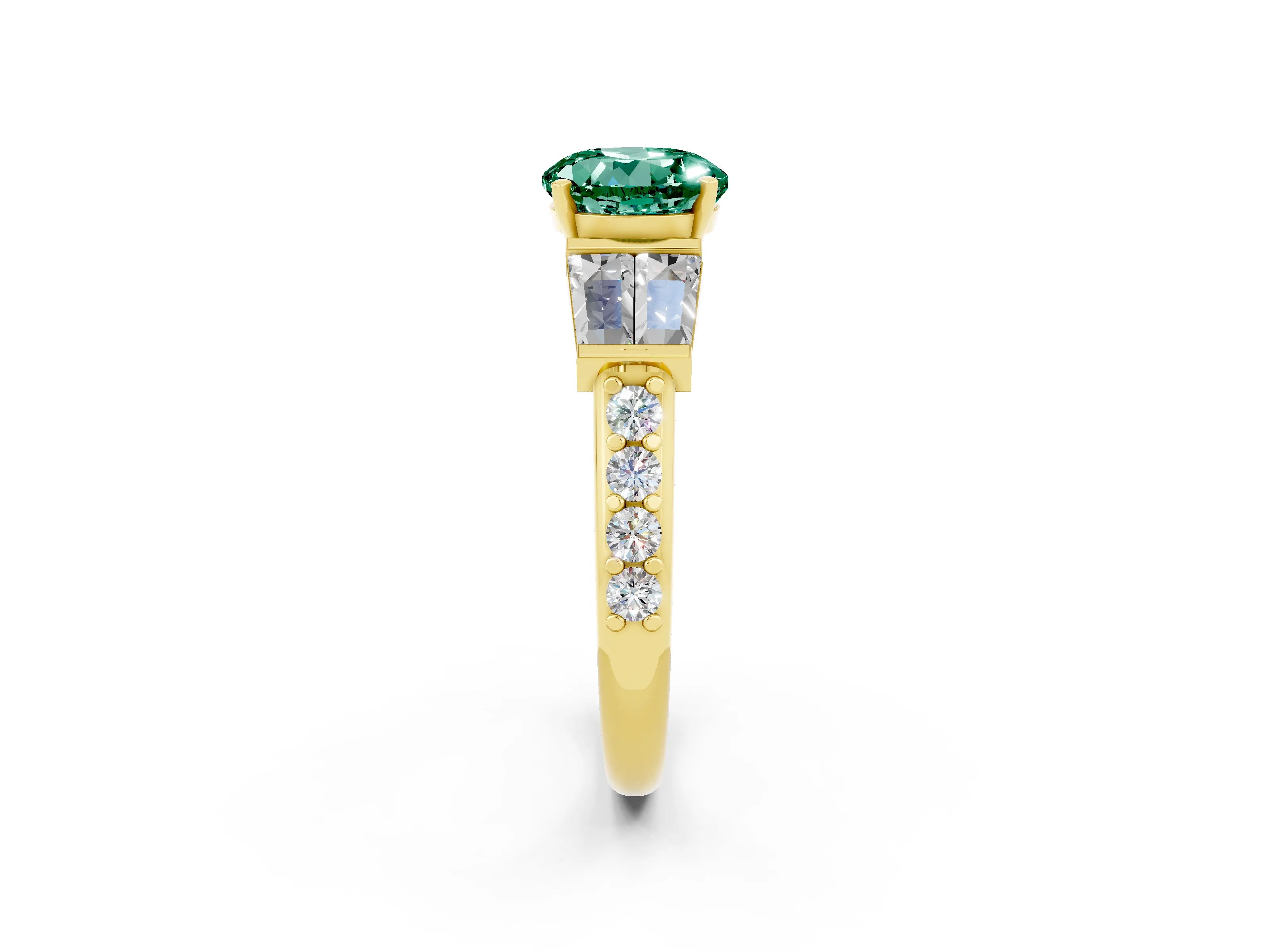 Yellow gold Round Cut Green Sapphire Engagement Ring with Baguette Side Stones and Channel Set Band_2